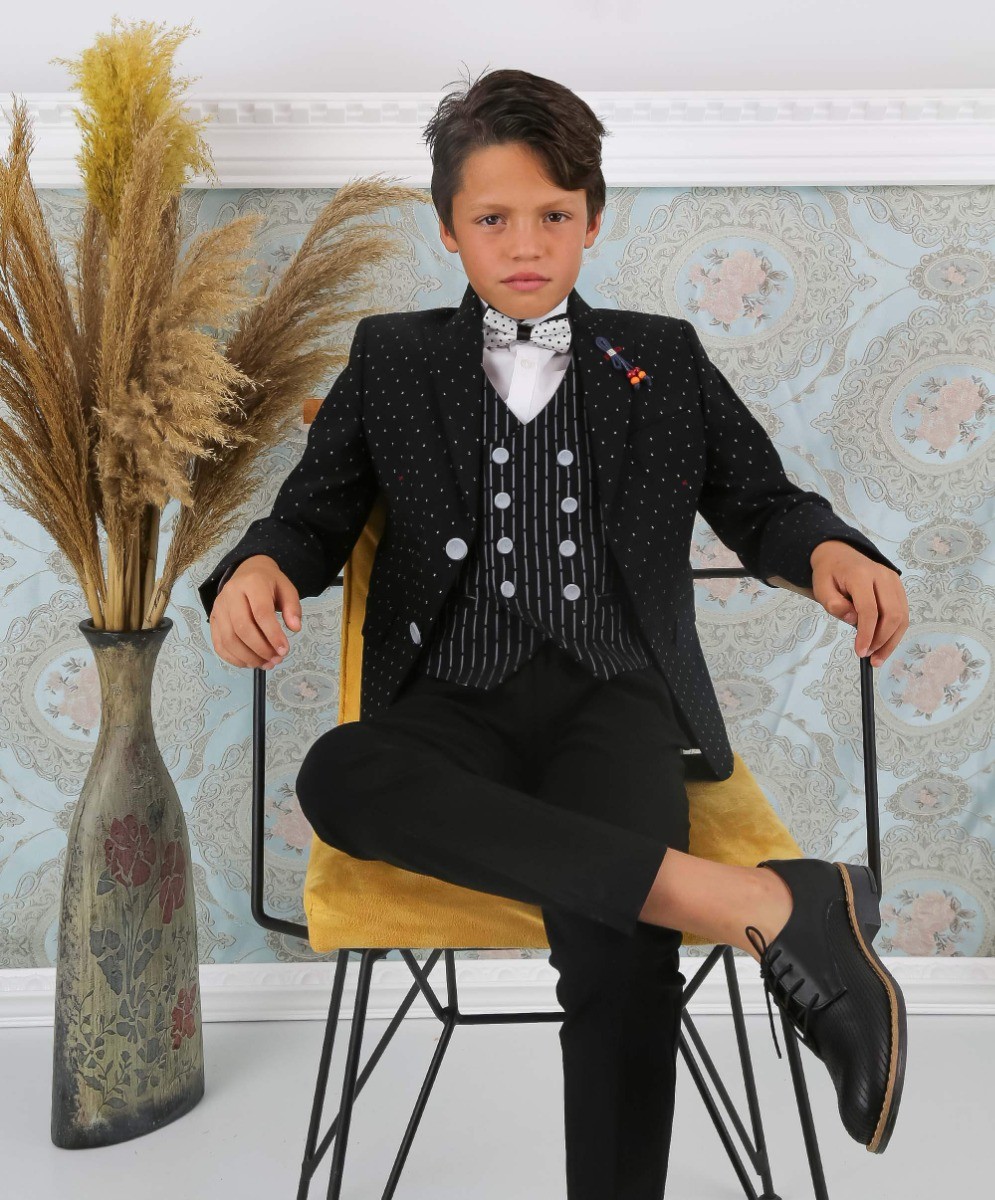 Boys Polka Dot Slim Fit Black Suit - Avagadro