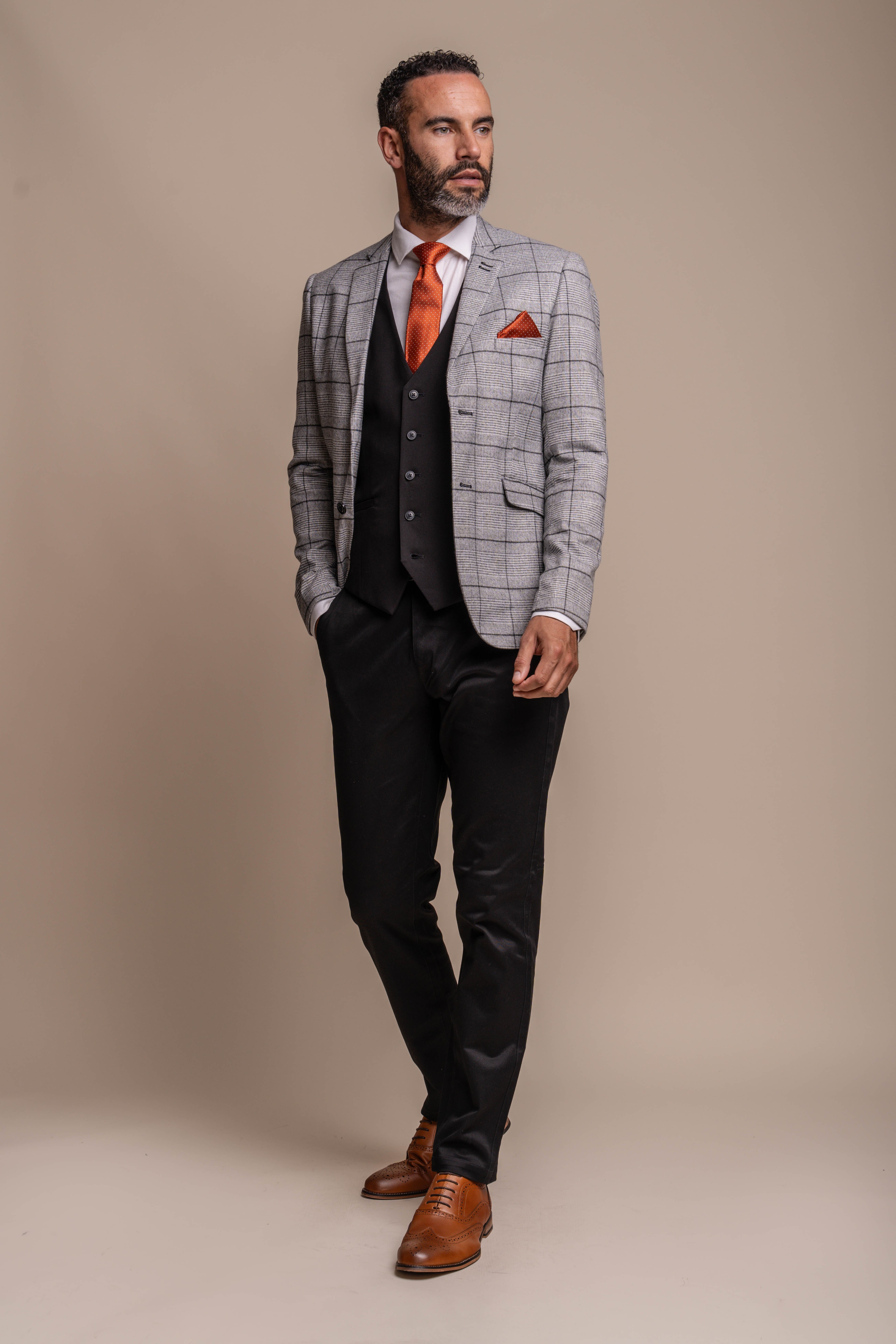 Men's Grey and Black Check Slim Fit Suit - Combined Set