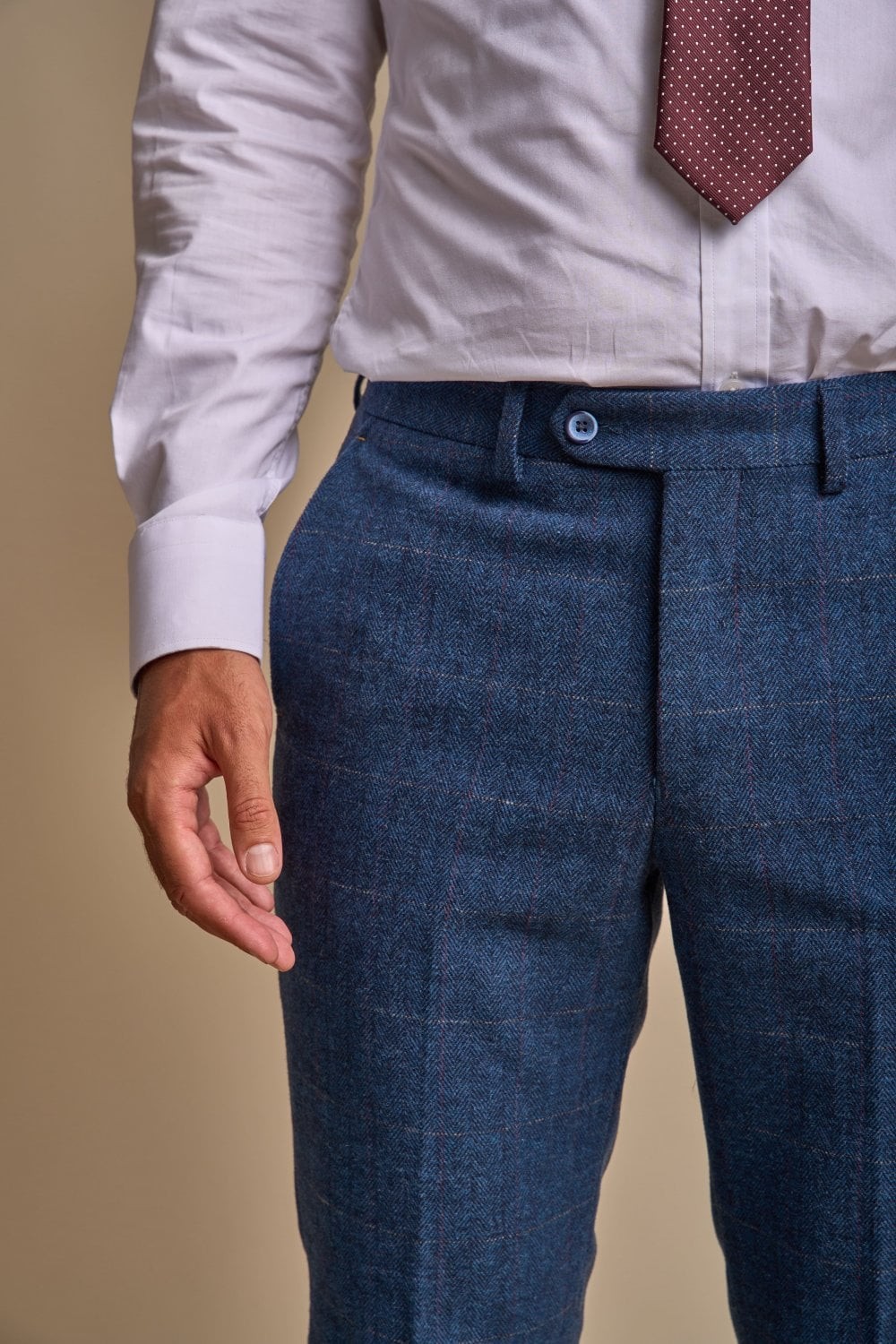 Men's Slim Fit Herringbone Tweed Trousers - CARNEGI - Blue