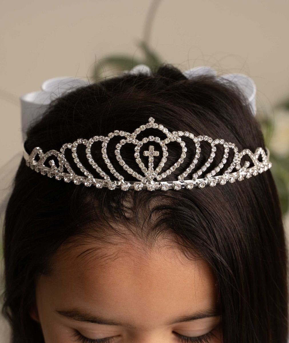 Girls' White Crystal Cross Tiara Veil - CMV802