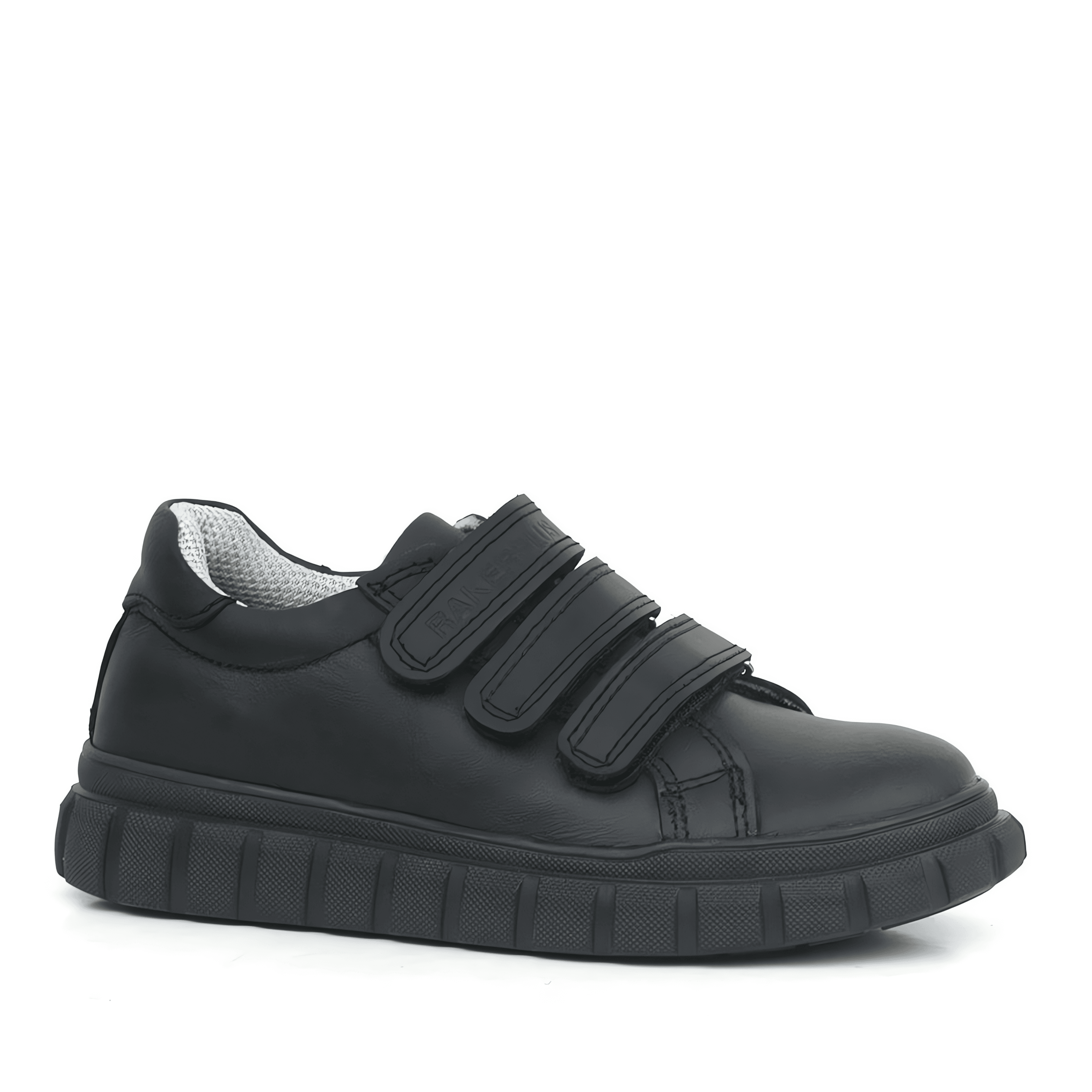 Boys Black Leather School Trainer Shoes with Triple Strap Closure - 4003