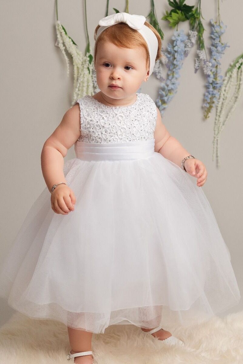 Baby Girls Dress with Floral Bodice & Bow - PC-1025
