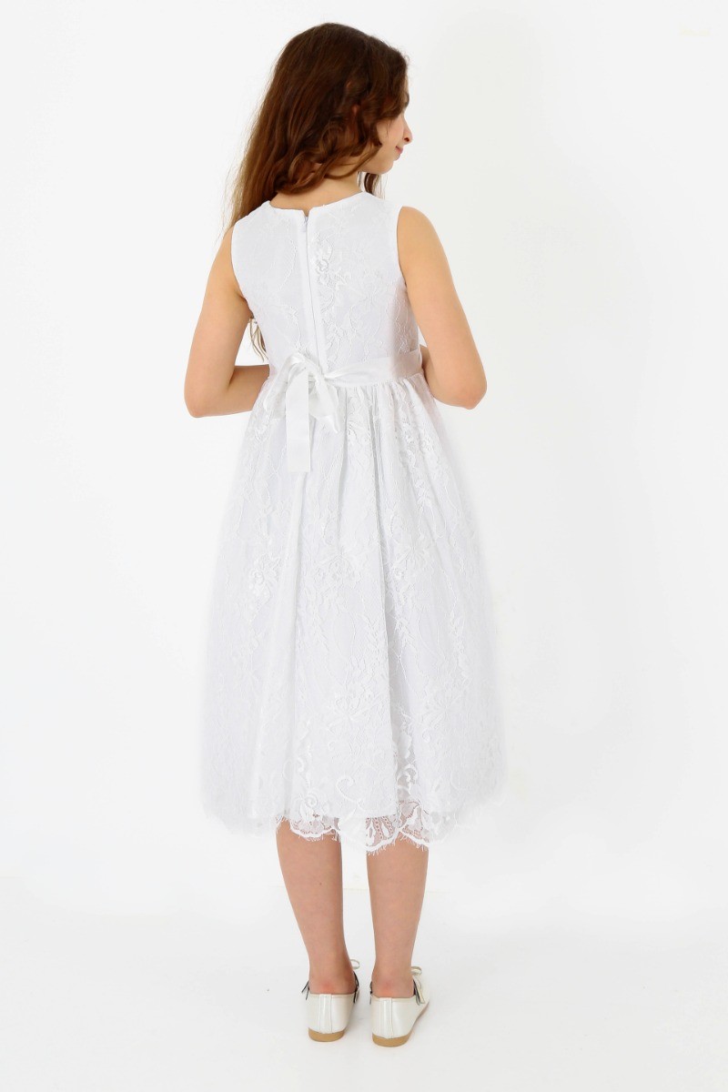 Girls Sleeveless Lace Embroidered Dress - White
