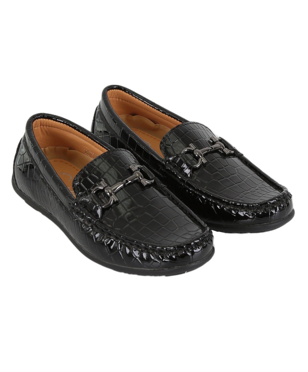 Boys Crocodile Slip on Patent Loafer Mocassin - ROBIN - Black
