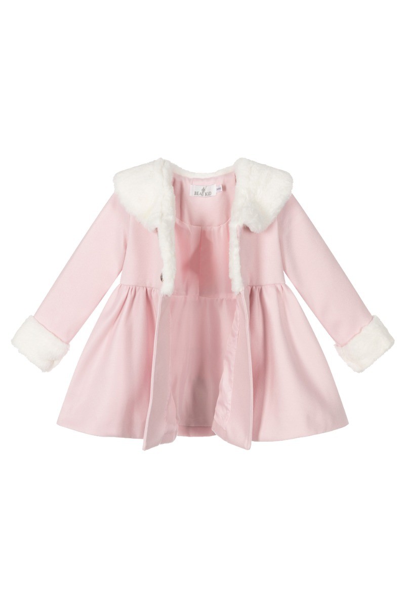 Girls Fur Midi Dress Coat 2 Piece Set - Pink