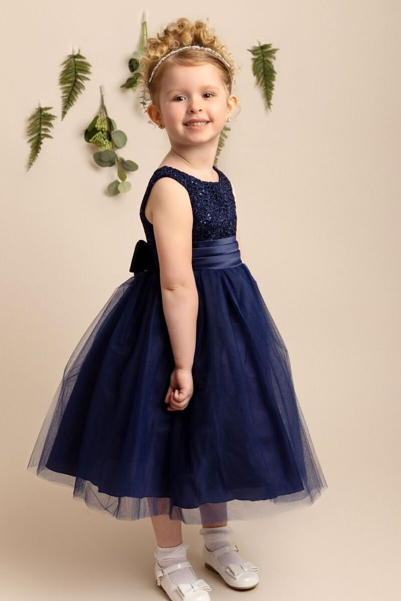 Girls Dress with Floral Bodice & Bow - PC-1025 - Navy Blue