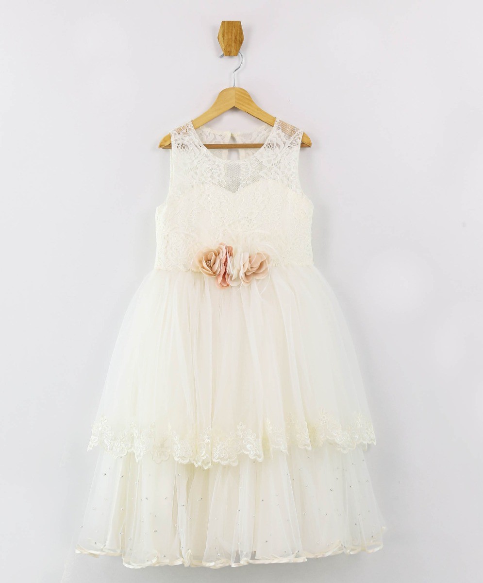 Girls Sleeveless Lace Dress Set - Ecru