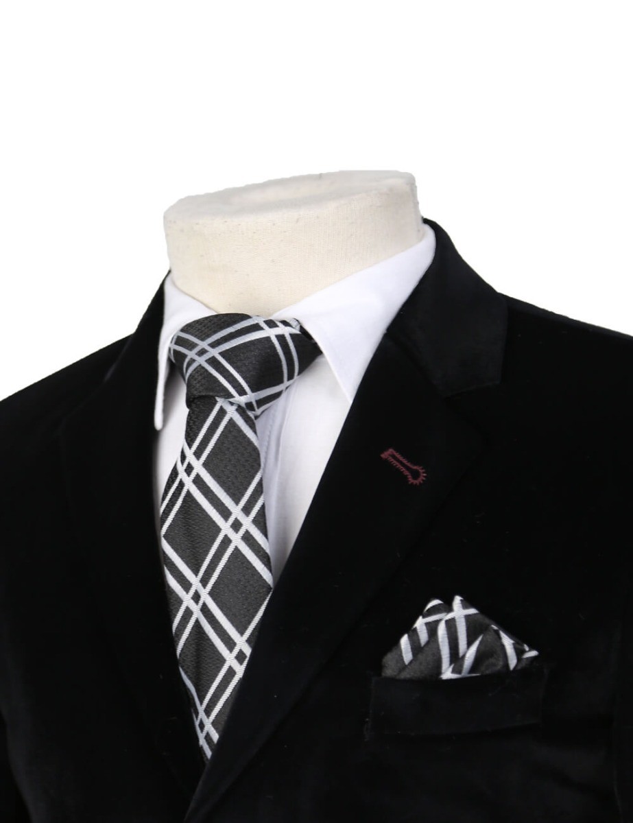 Boys Plaid Checkered Tie & Hankie Set - Black and White