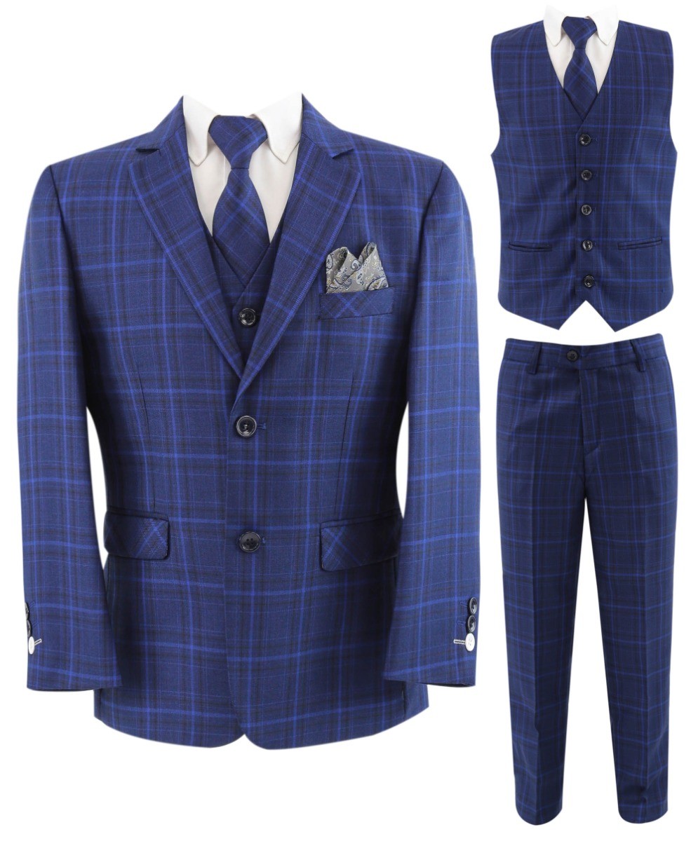 Boys Retro Check Tailored Fit Blue Suit - MATTHEW - Dark Blue