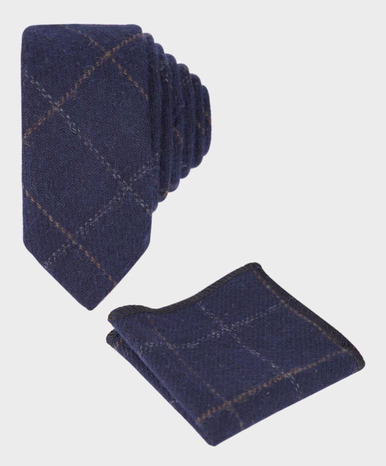 Boys Windowpane Tweed Navy Tie and Hanky Set