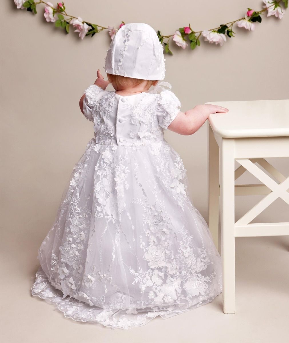 Baby Girls Lace Heirloom Christening Gown & Bonnet - RACHEAL - White