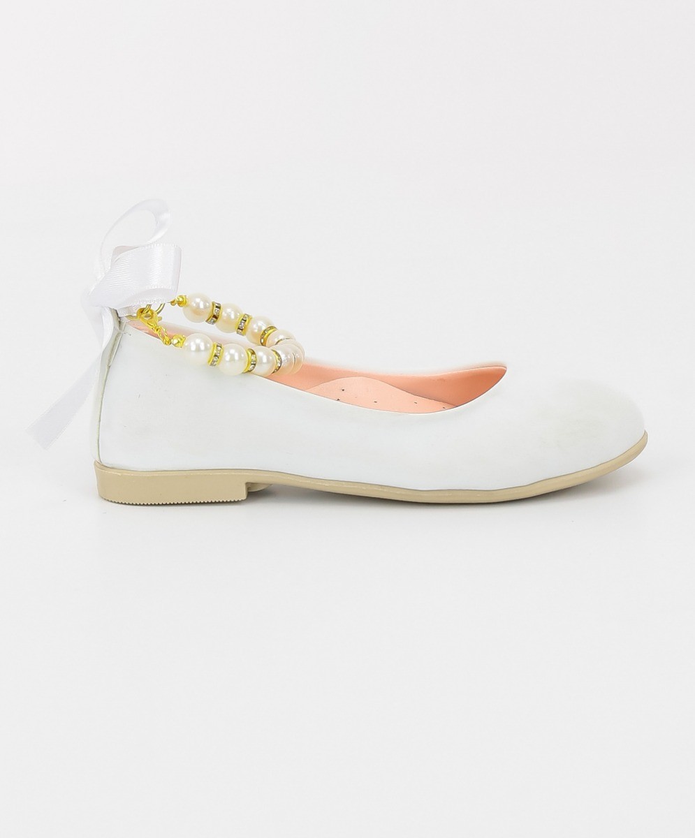 Girls Pearls Flat Mary Jane Shoes - ISABEL - White