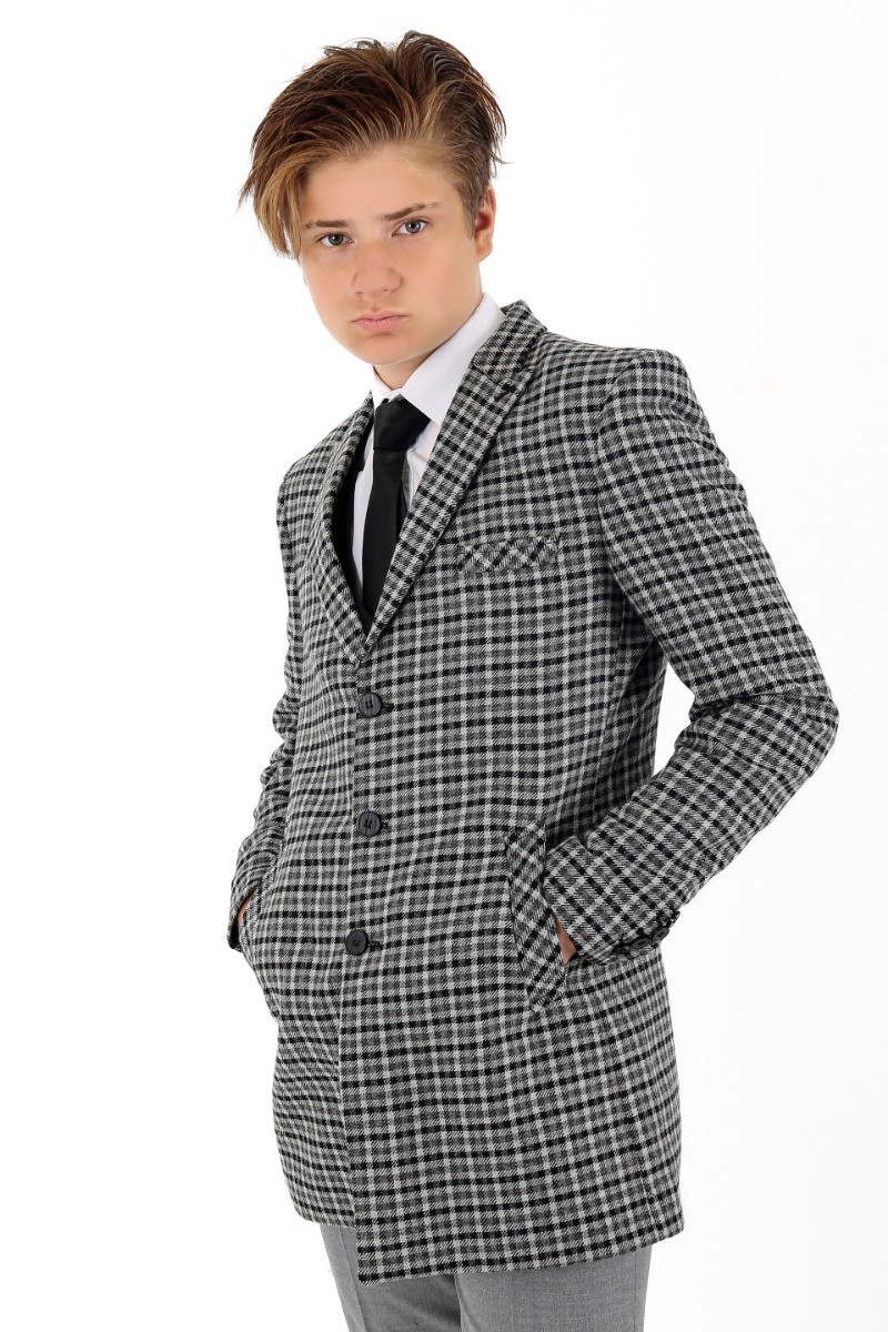 Boys Wool Birdseye Tweed Slim Fit Midi Coat - Light Grey