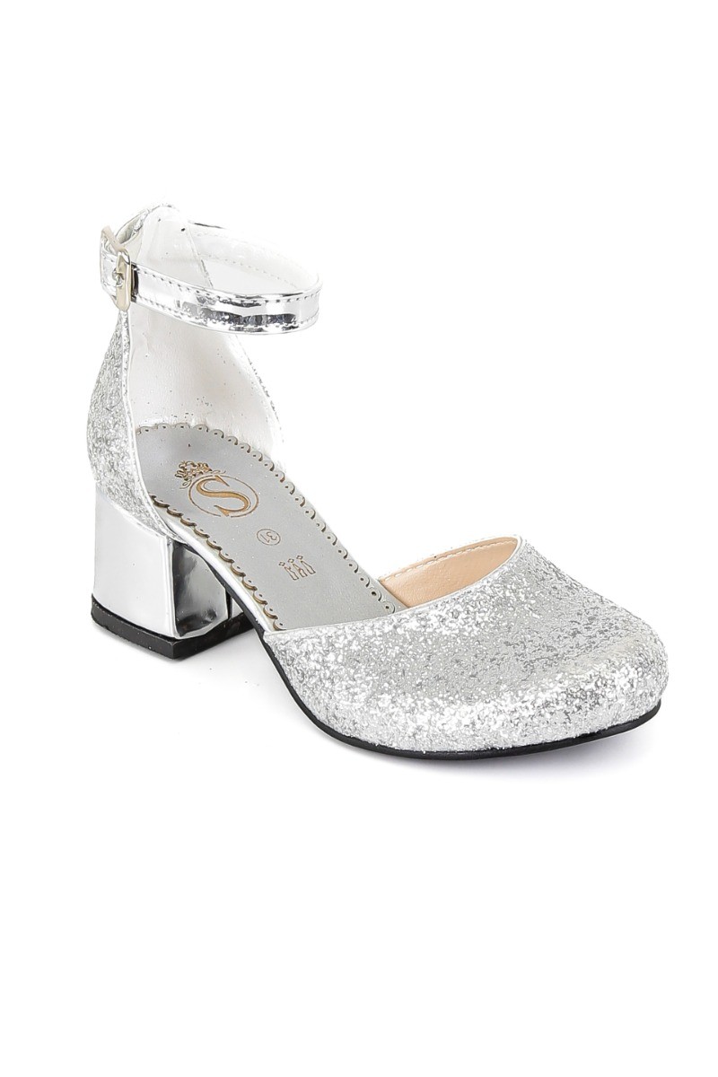 Girls Glittery Mary Janes Block Heel Silver Shoes