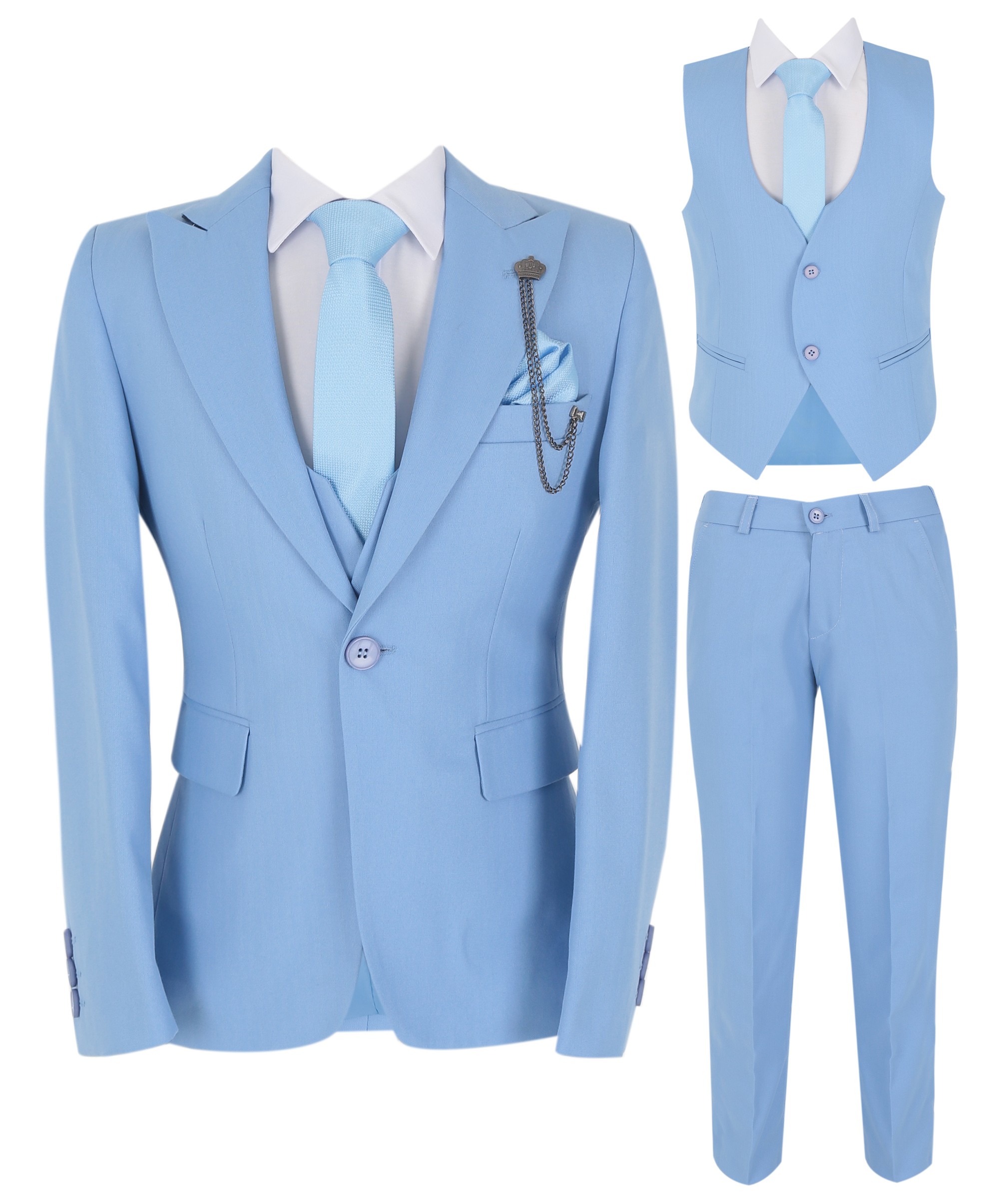 Boys Slim Fit Herringbone 8 Piece Suit Set - KING - Sky Blue