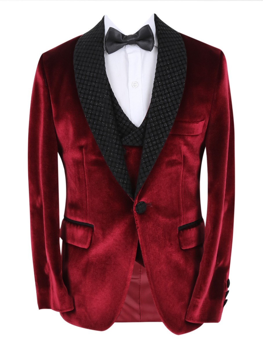 Boys Velvet Slim Fit Tuxedo Dinner Suit - Burgundy