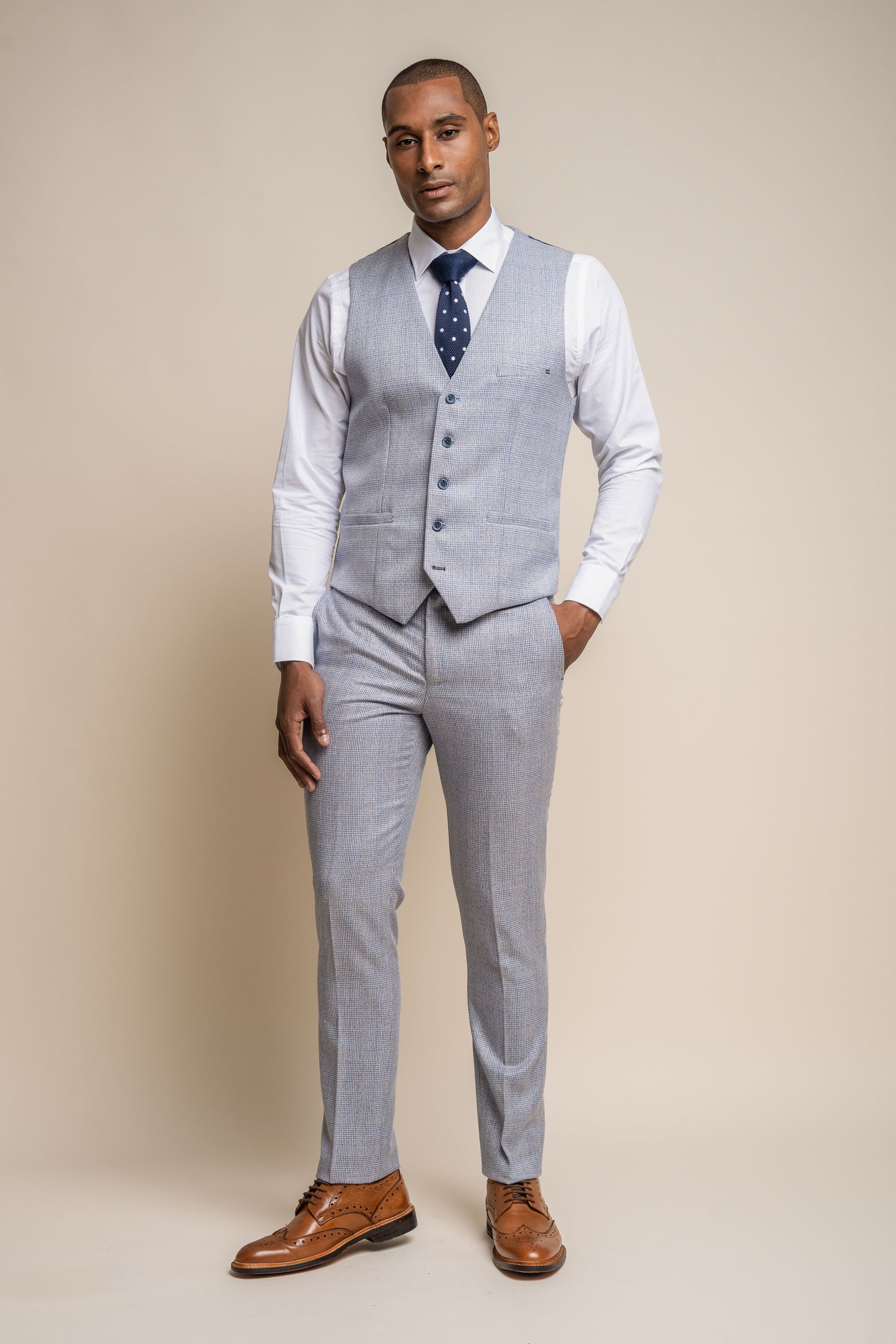 Men's Tweed Houndstooth Check Slim Fit Formal Waistcoat - CARIDI - Blue