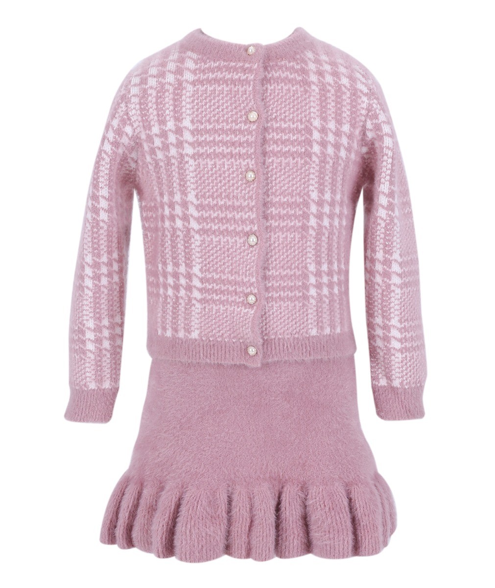 Girls Herringbone Tweed Dress and Cardigan Set - Pink