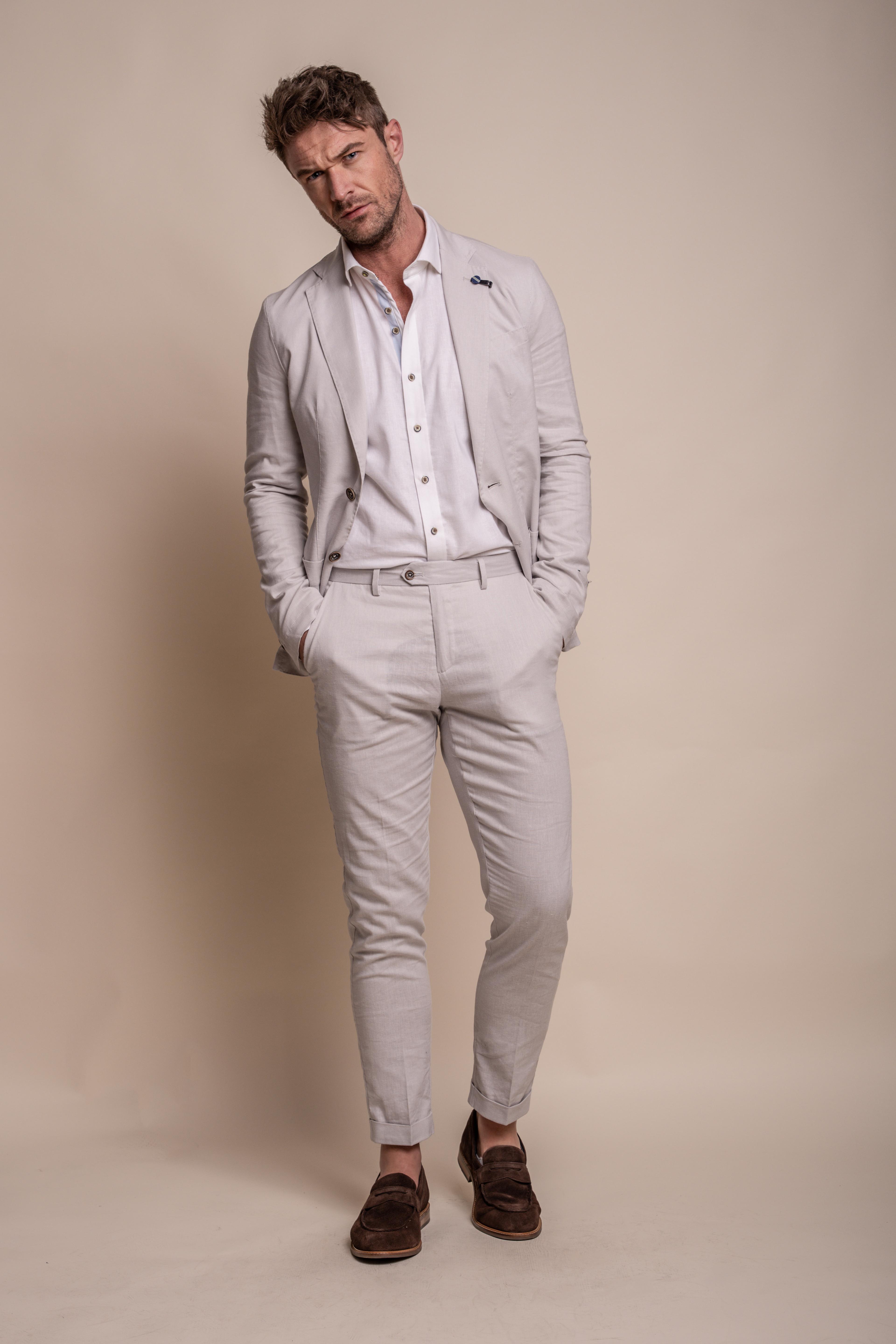 Men's Slim Fit Linen Suit Jacket - ALVARI - Stone