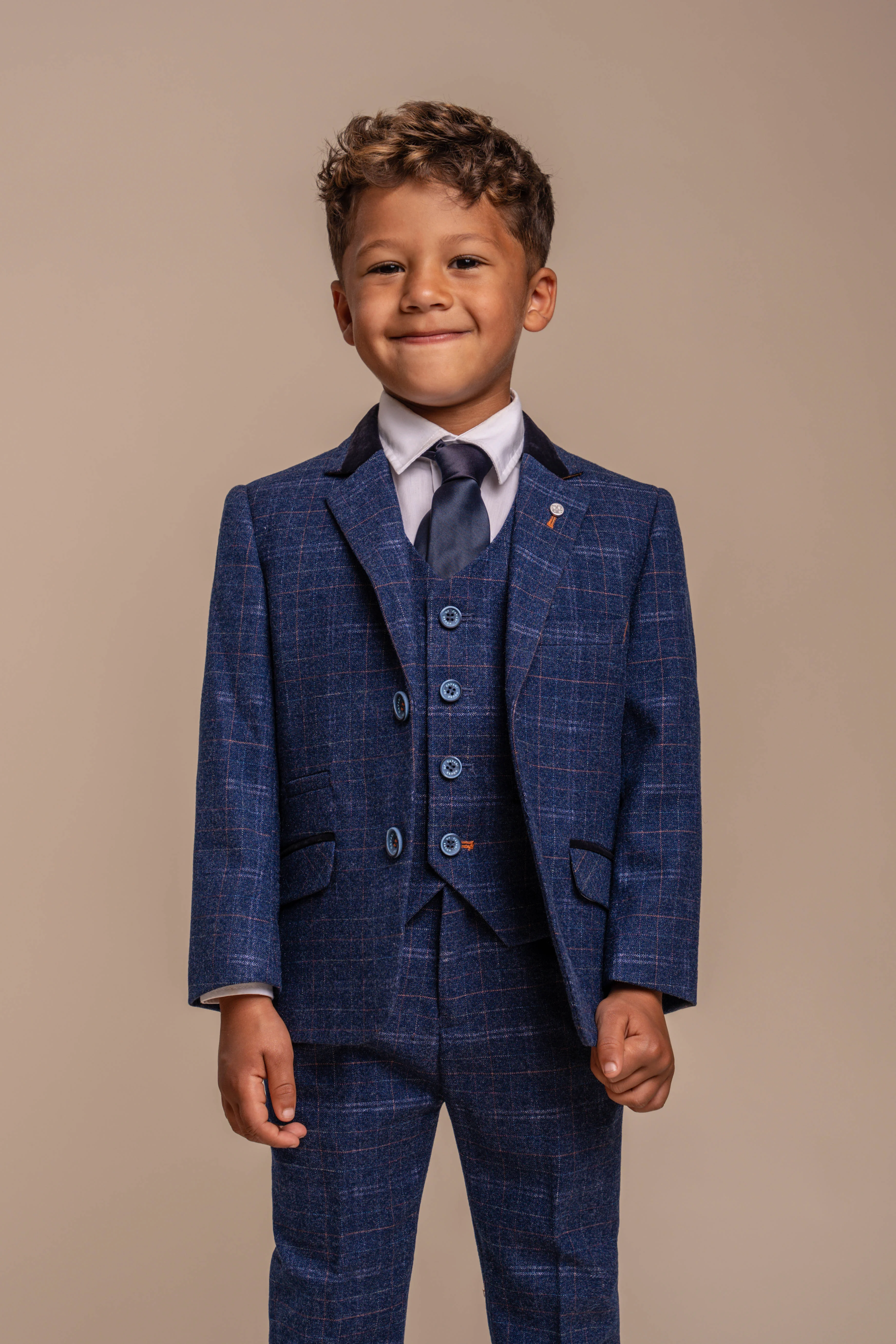 Boys Tweed Check Navy Slim Fit Suit - KAISER - Navy Blue