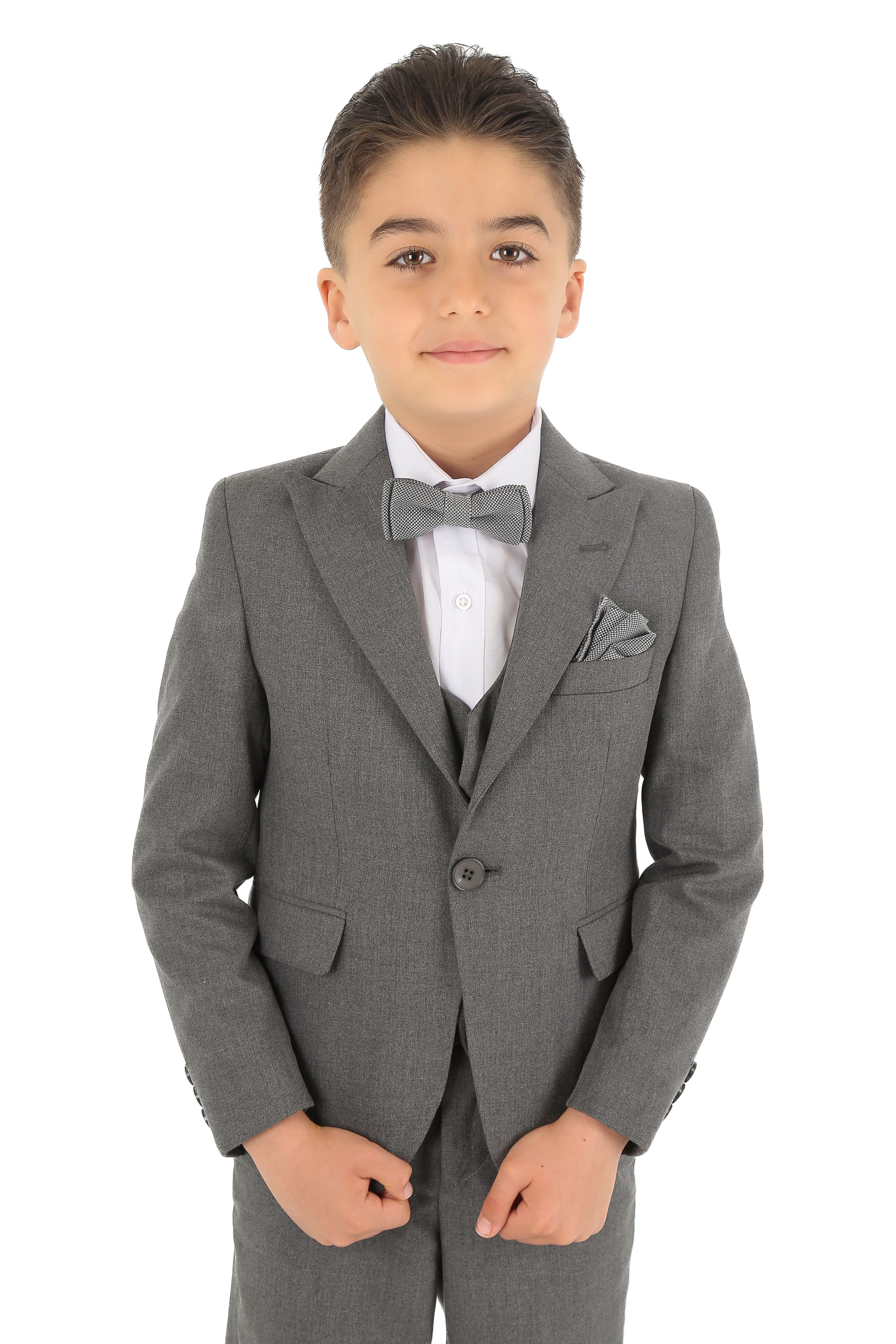 Boys Slim Fit Herringbone 8 Piece Suit Set - KING - Grey