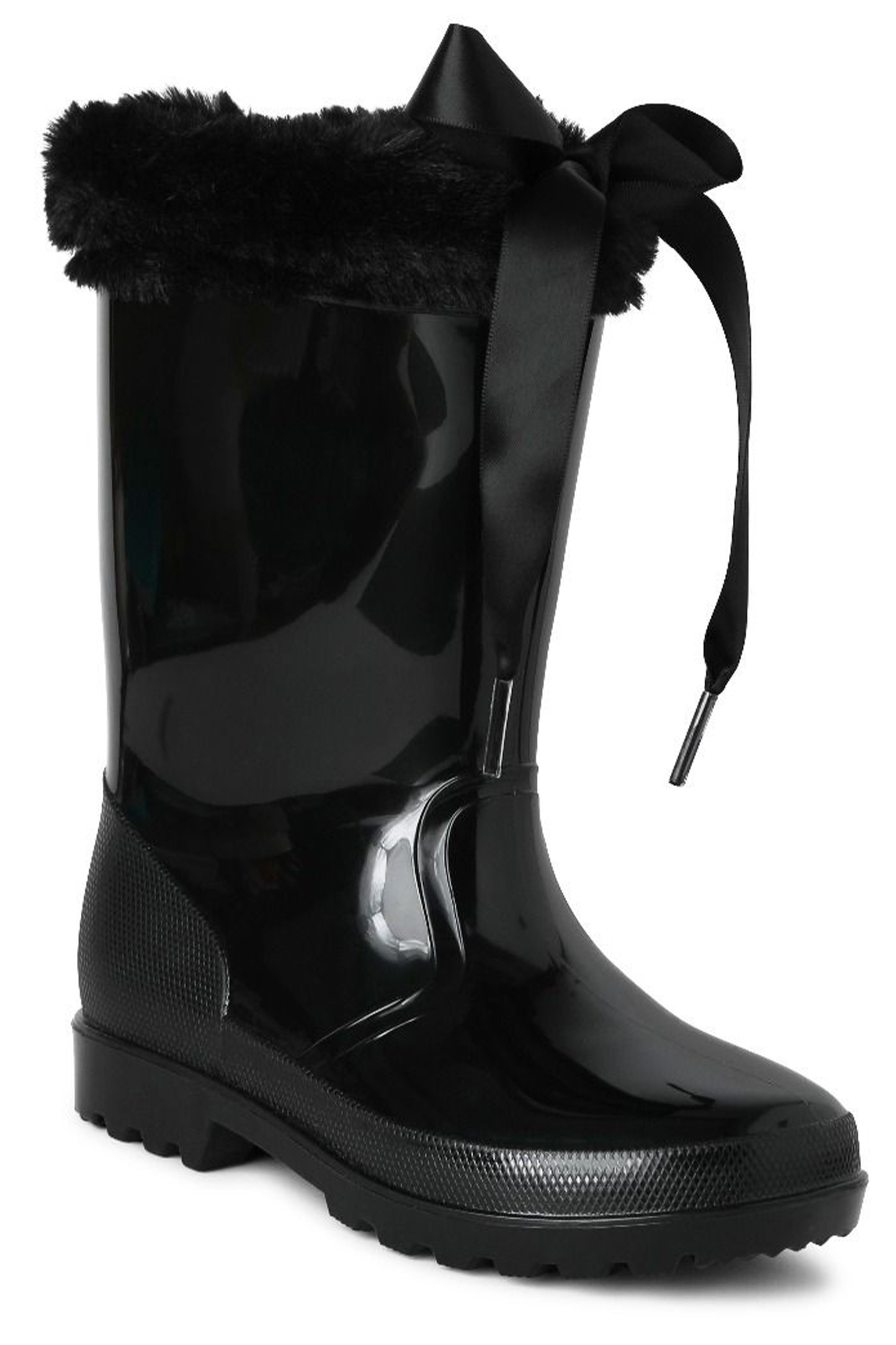 Girls' Ribbon Wellington Boots with Faux Fur, Waterproof Wellies – VIVIAN - Black