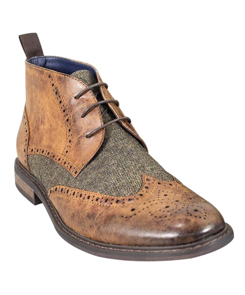 Men's Tweed Brogue Ankle Boots - CURTIS - Tan Brown