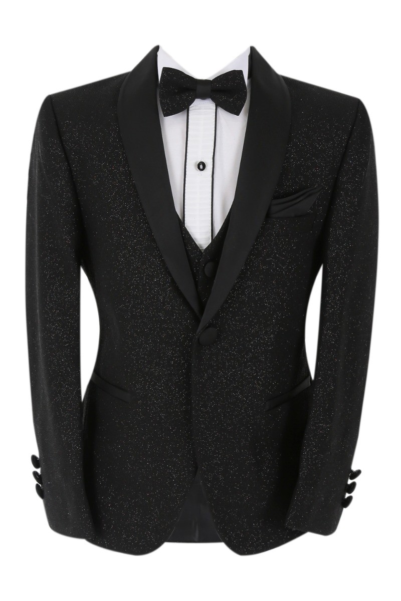 Boys Shimmer Tuxedo Dinner 6 Piece Suit Set - Black