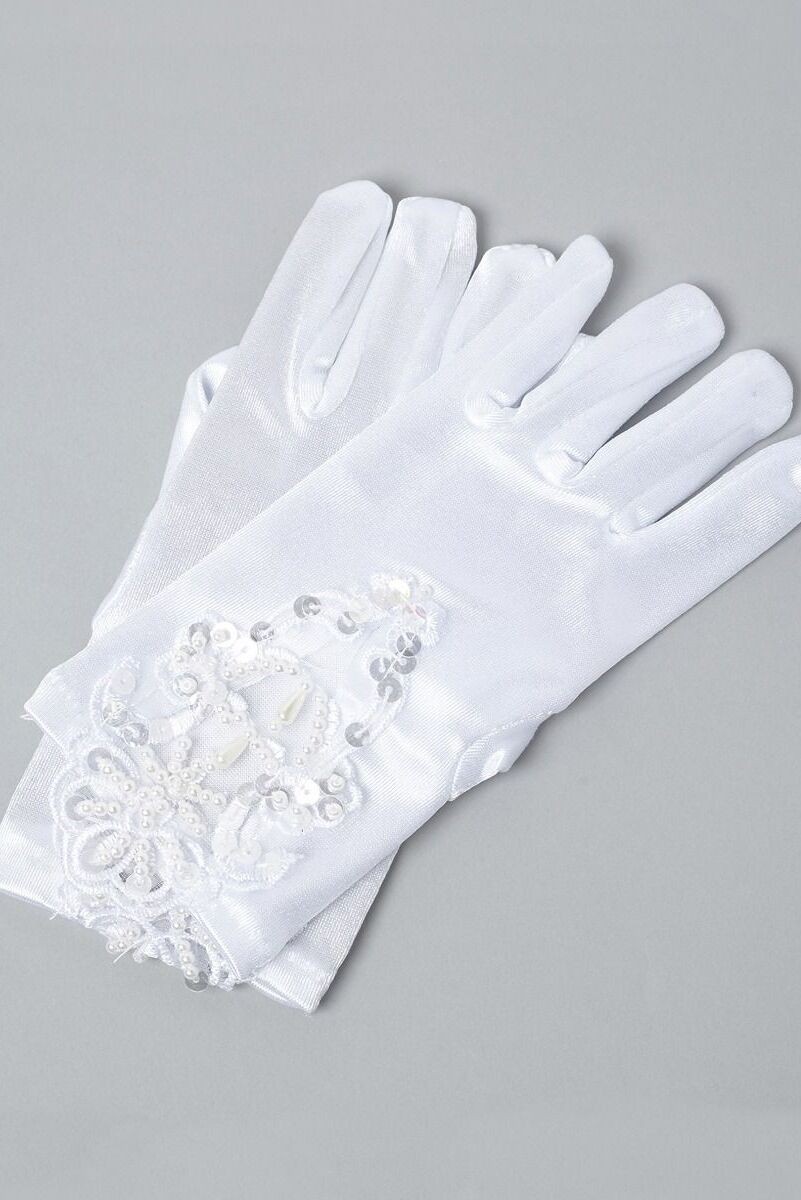 Girls' White Sequin Beaded Satin Gloves - VERA