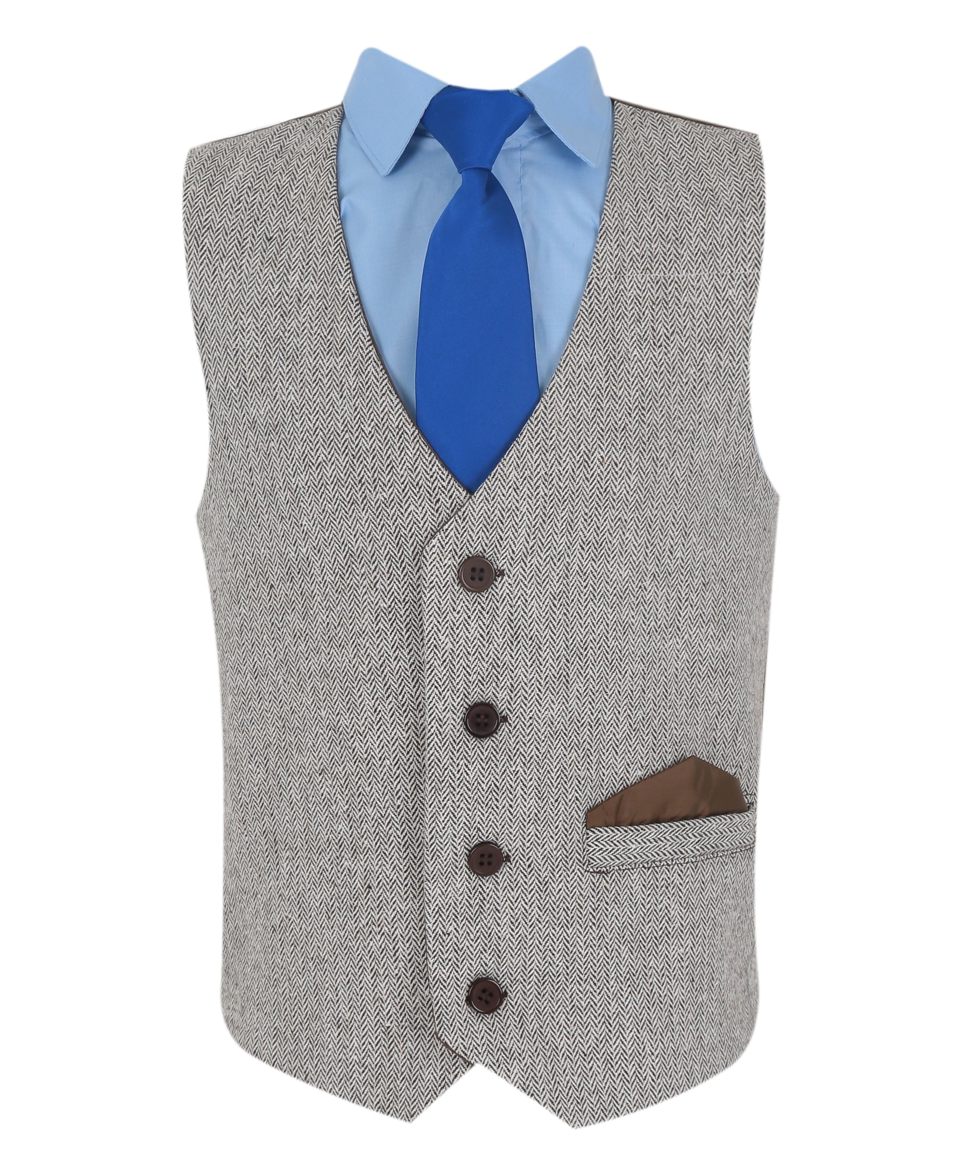 Boys Herringbone Tweed Waistcoat Suit Set - Light Brown
