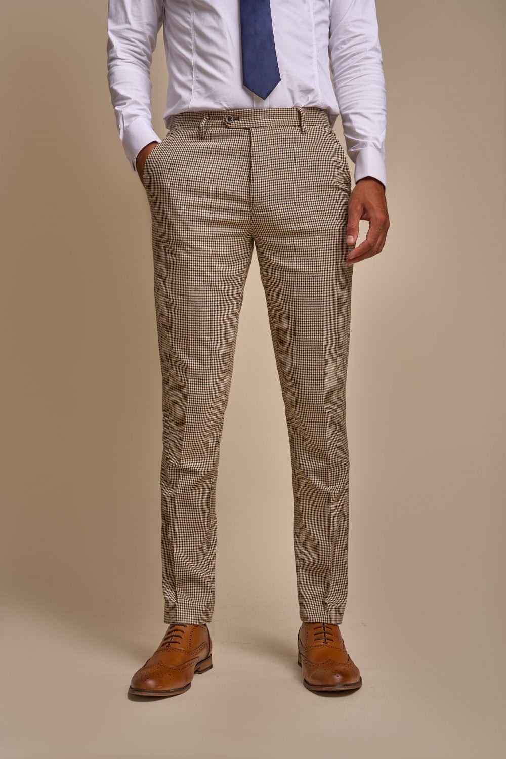 Men's Houndstooth Check Skinny Fit Suit - ELWOOD - Tan Beige