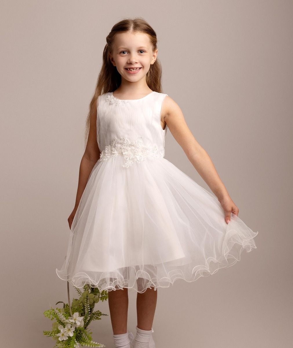 Girls Ivory Floral Appliques Tulle Dress - Monica