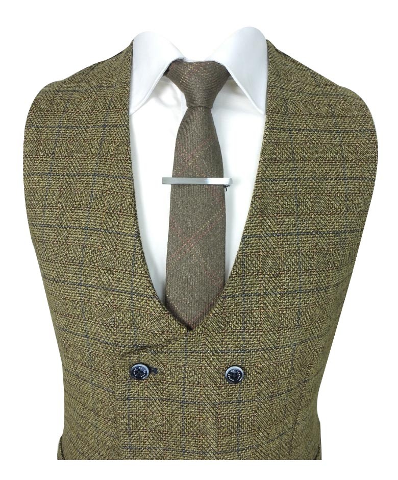 Men's Tweed Check Double-Breasted Waistcoat - ASCARI - Brown