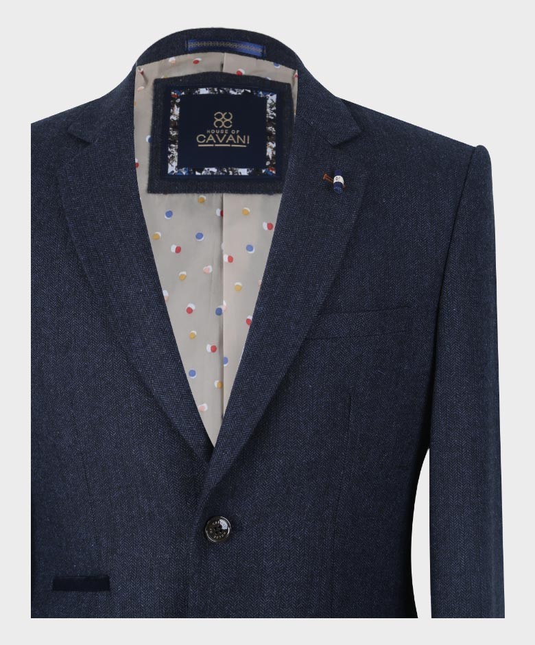 Men's Herringbone Tweed Slim Fit Suit Jacket - MARTEZ - Navy Blue