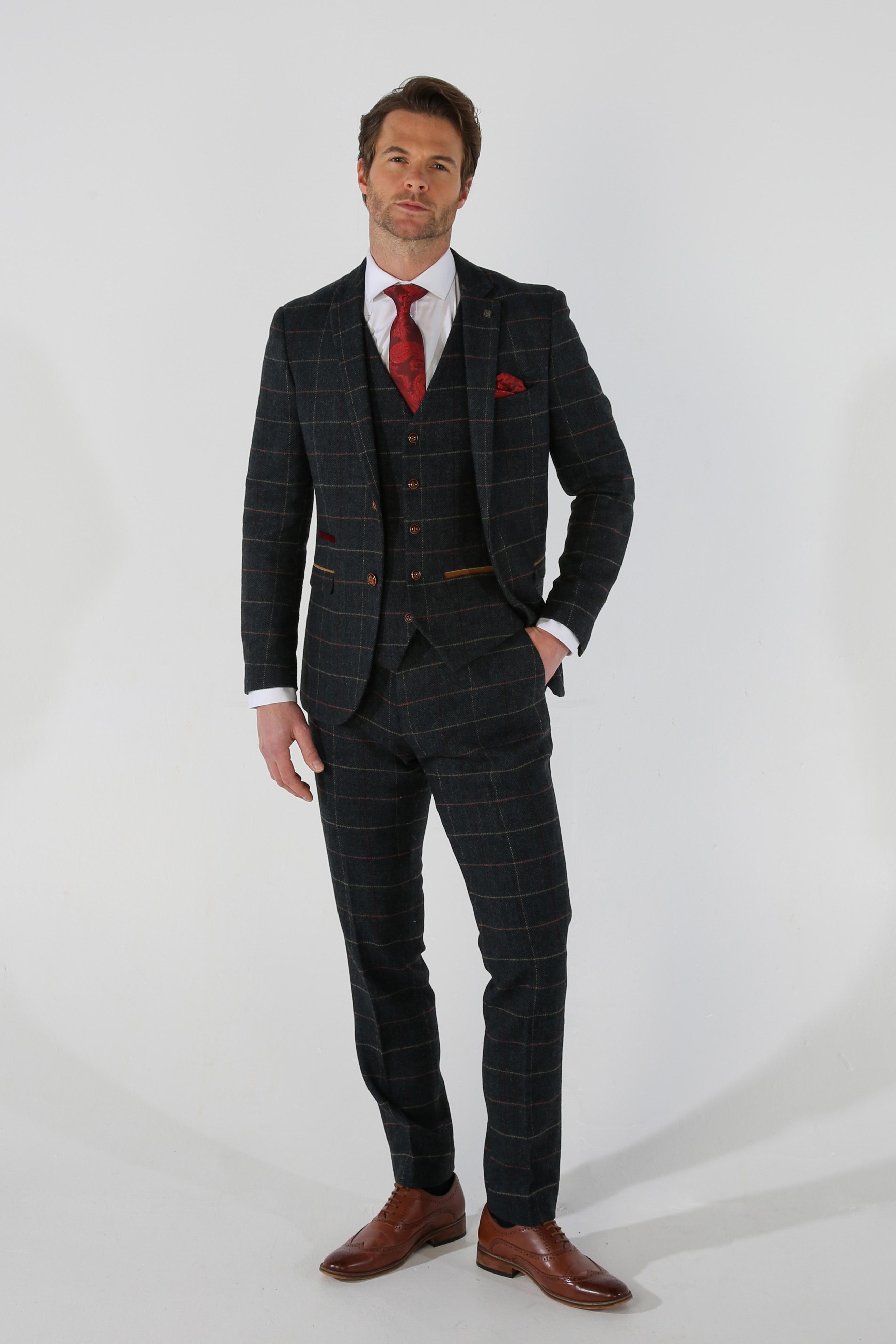 Men's Tweed Check Plaid Navy Suit - THOMAS