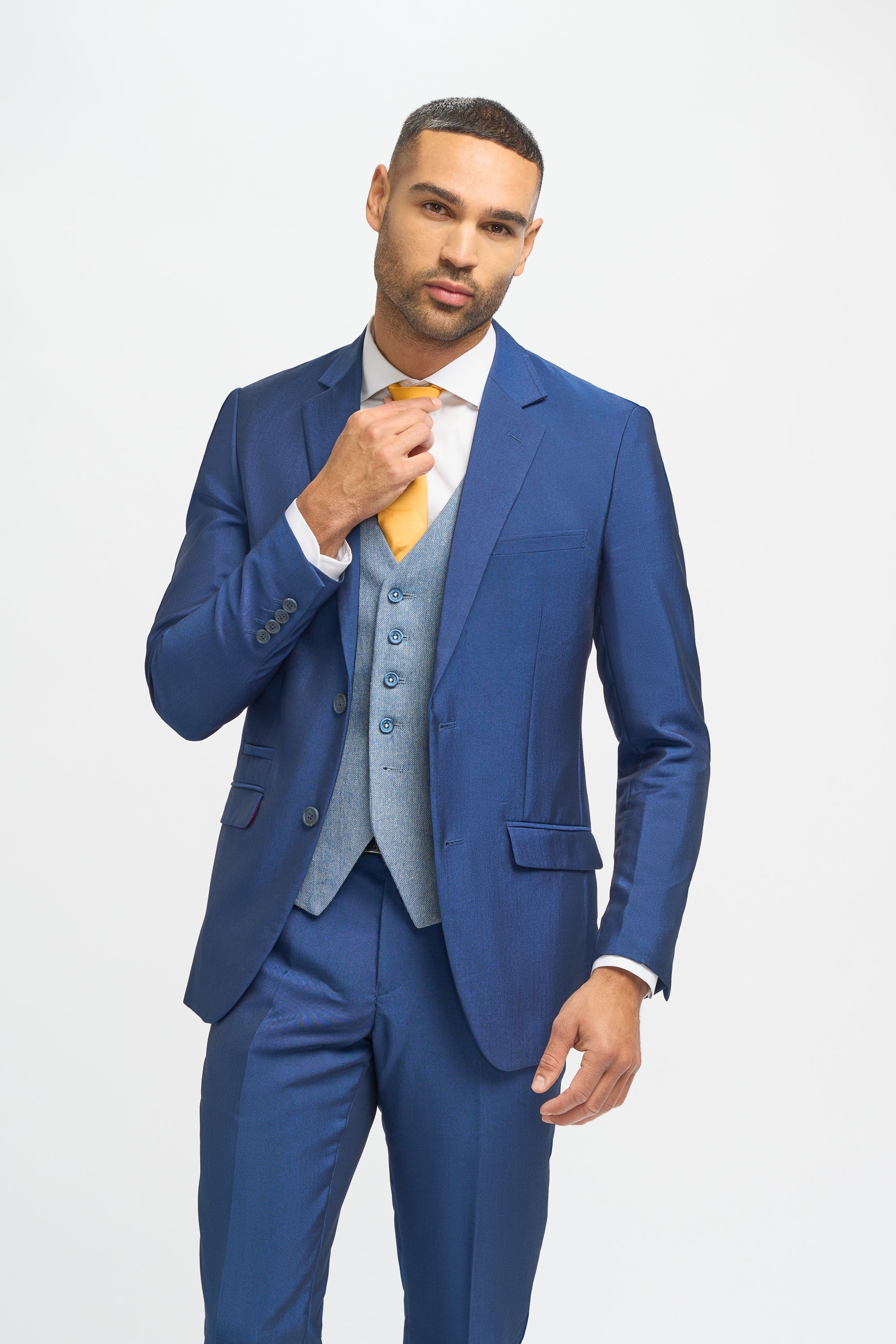 Men's Royal Blue Slim Fit 3-Piece Wedding Suit with Light Blue Tweed Waistcoat