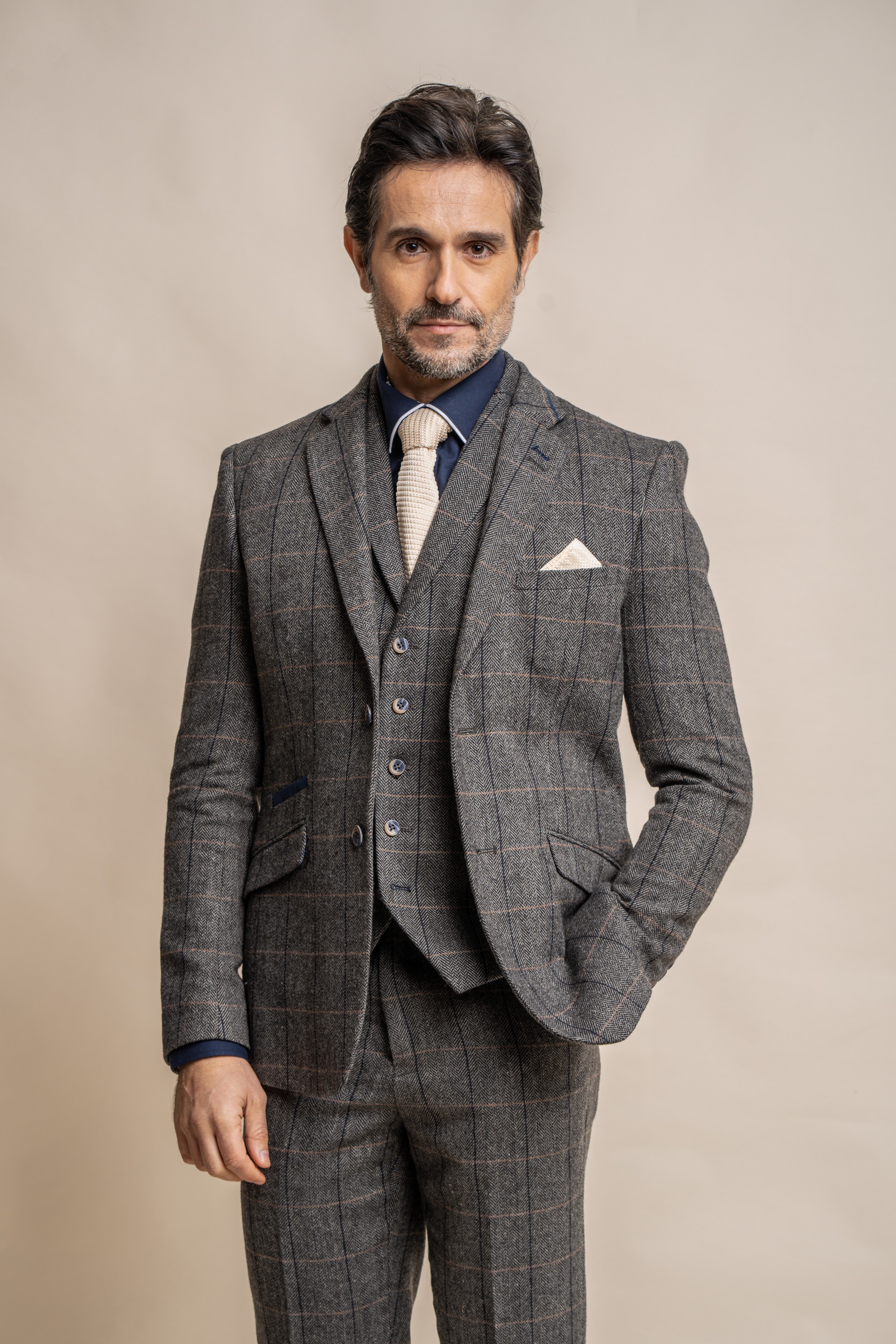Men's Wool Blend Herringbone Check Suit Jacket - Albert  - Grey