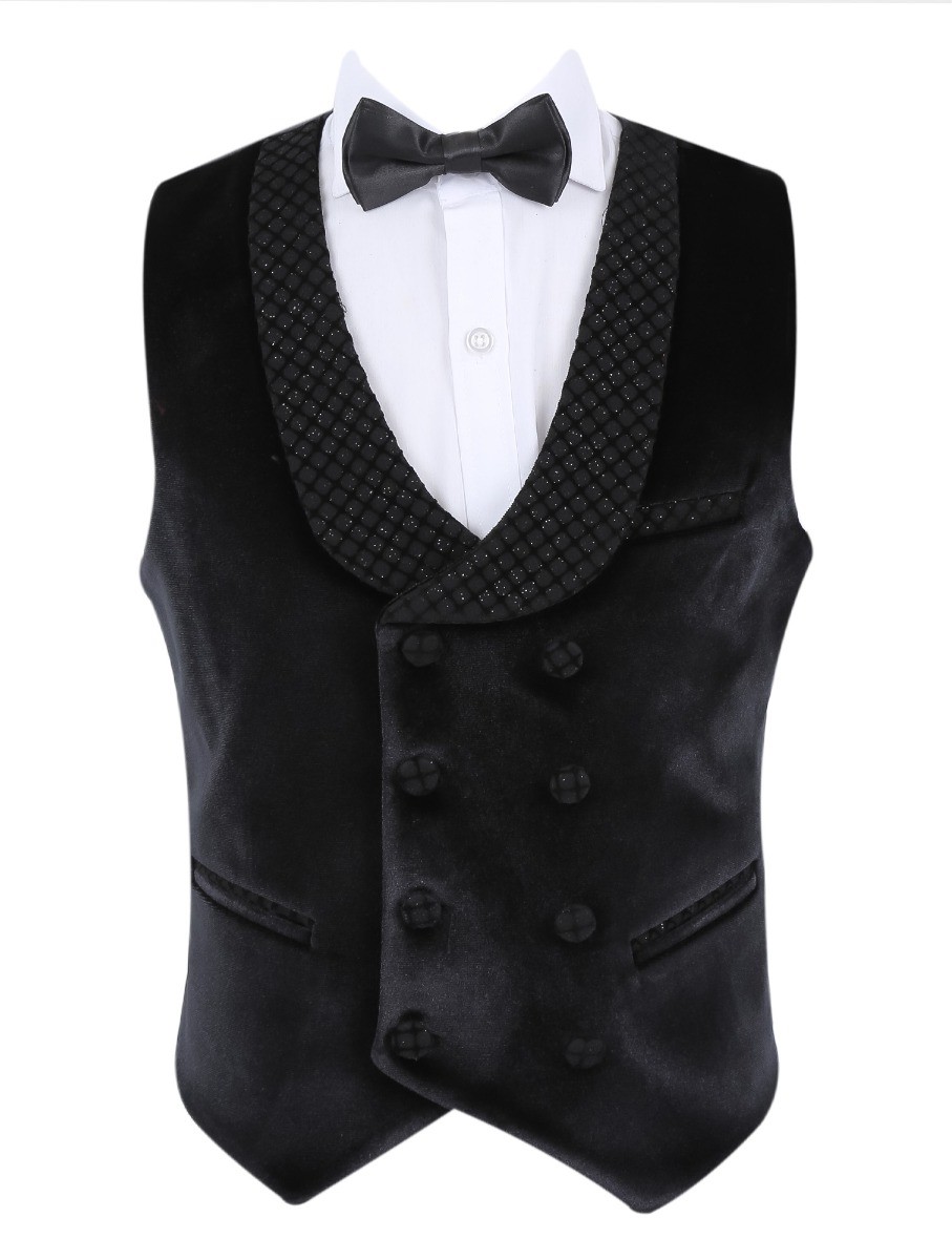 Boys Velvet Slim Fit Tuxedo Dinner Suit - Black