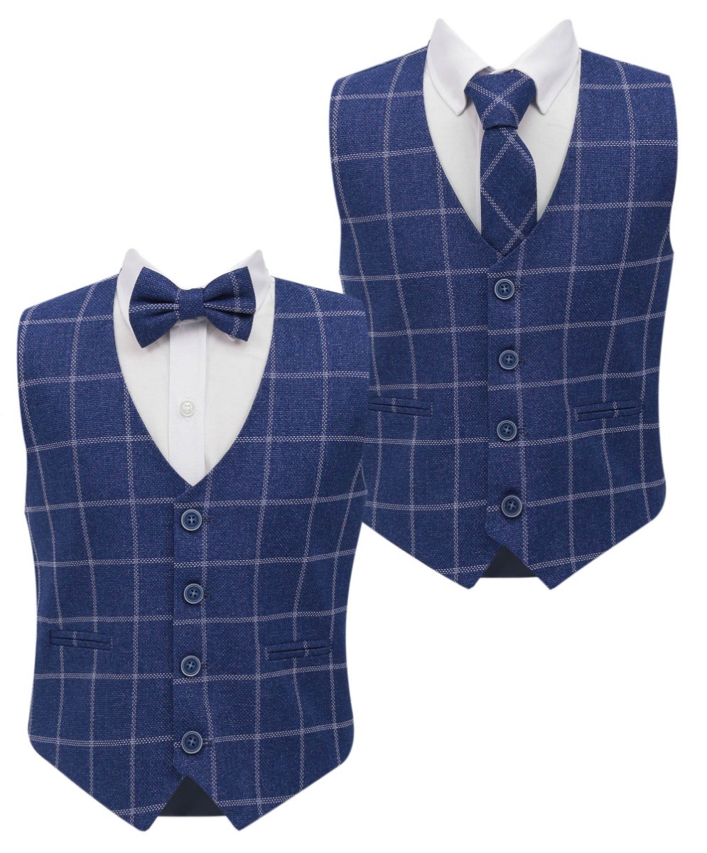 Boys Tweed Check Cotton Waistcoat Set - Blue