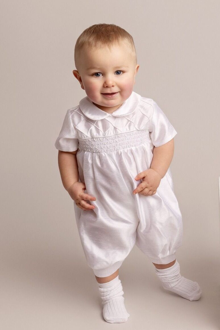 Babies White Christening Romper with smocked bodice SIRRI