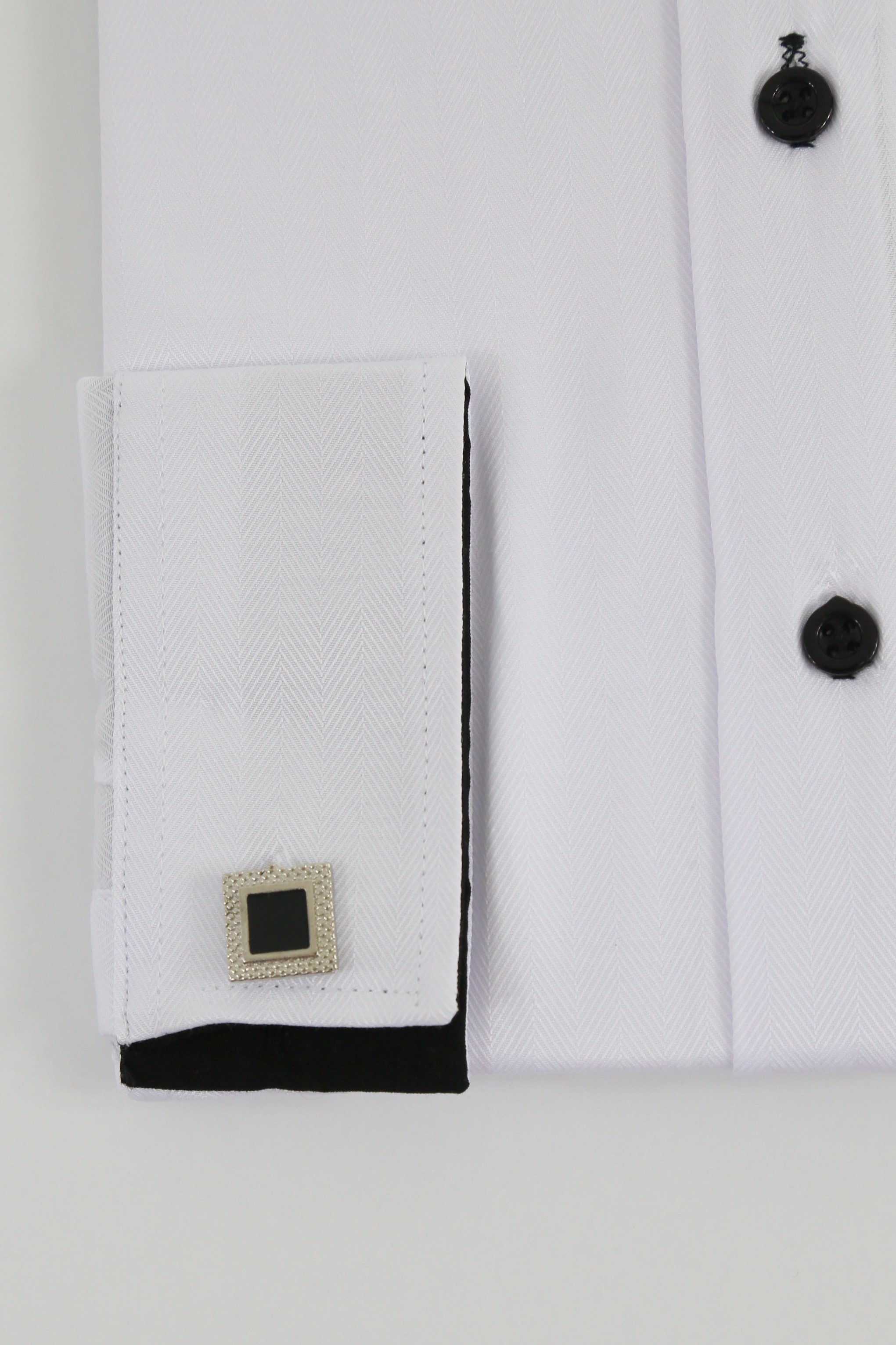 Boys White Formal Dress Shirt with Cufflinks - Herringbone Pattern - HARPUT