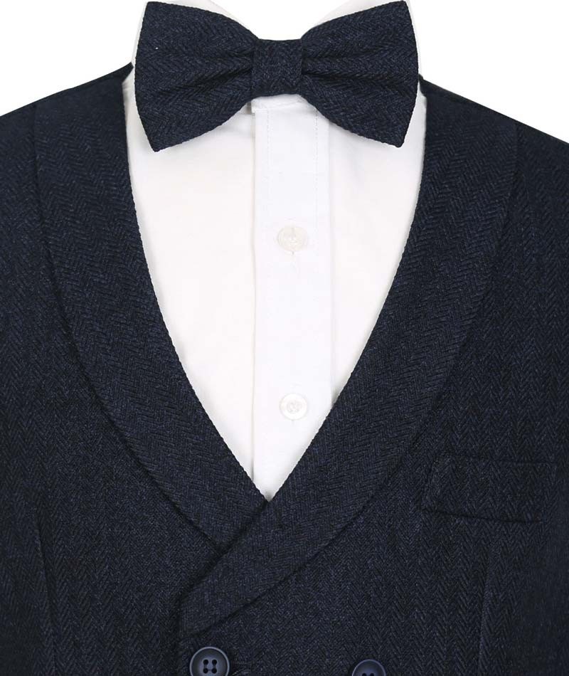 Men's and Boys Herringbone Double-breasted Waistcoat Set - Navy Blue