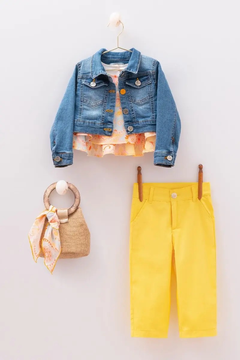 Girls Spring and Summer Casual Set - MIALIA - Multicolored top, Yellow Trousers & jeans Jacket