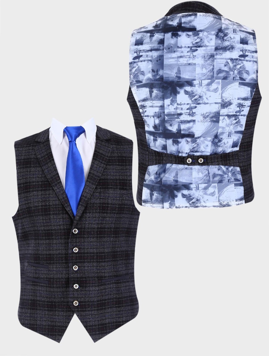 Men's Retro Black Check Slim Fit Waistcoat - GRAVANO