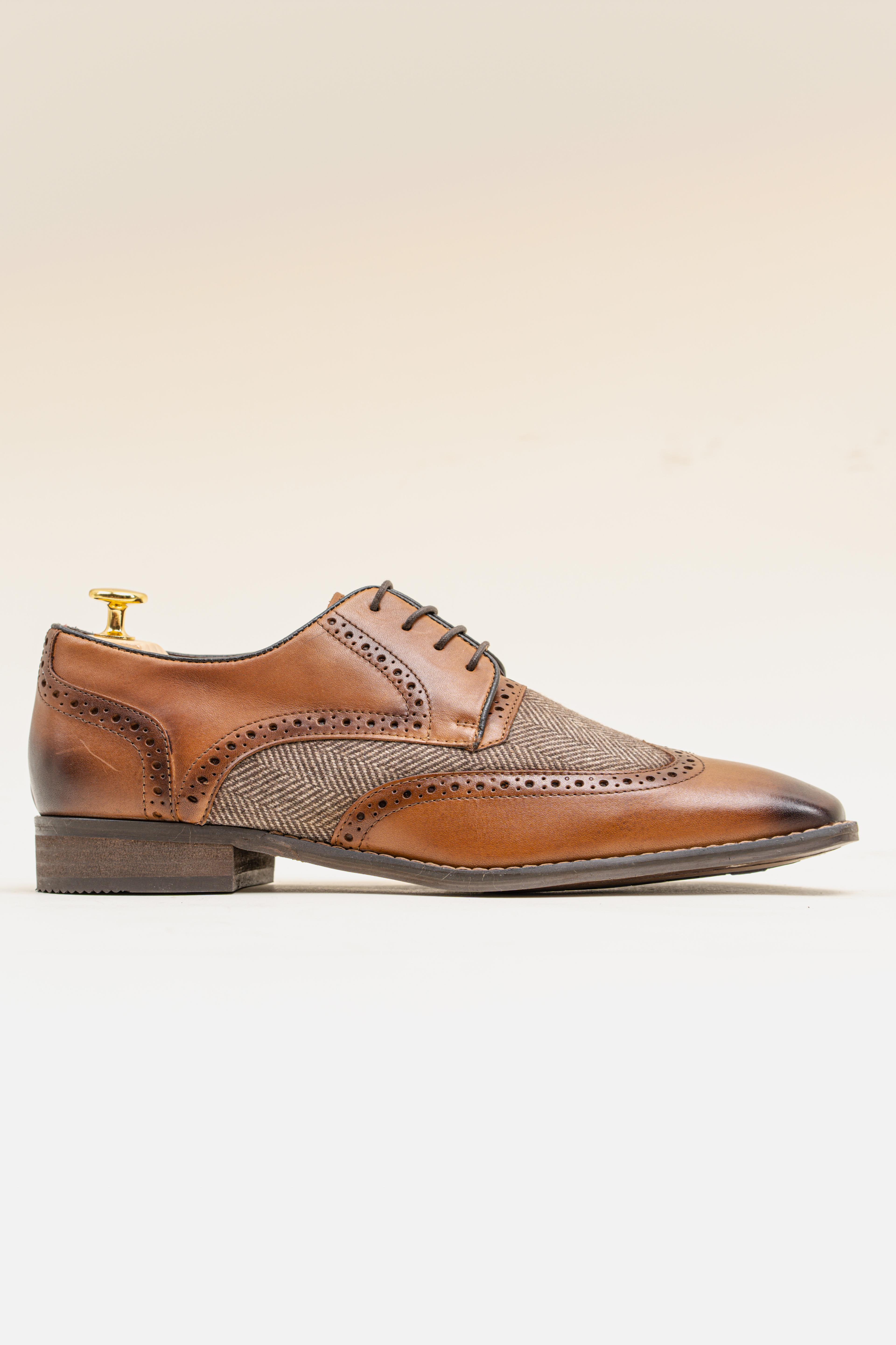 Men's Genuine Leather & Tweed Brogue Shoes - FARO - Tan Brown