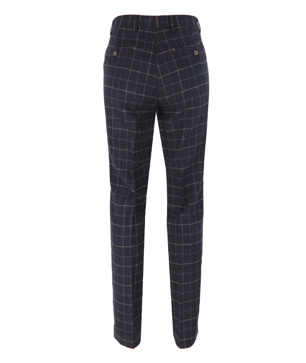 Men's Tweed Check Slim Fit Navy Trousers - SHELBY