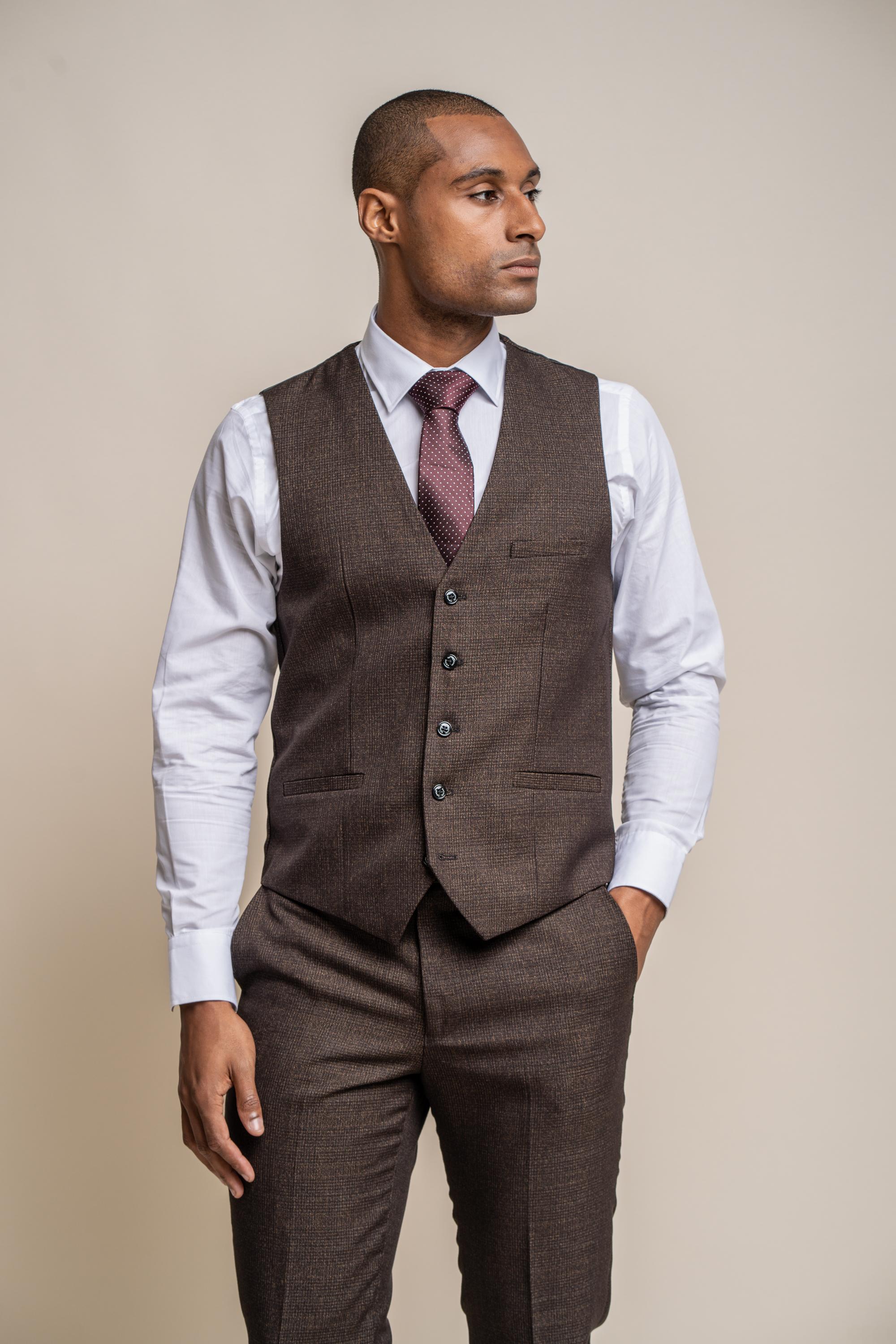 Men's Tweed Check Waistcoat - CARIDI Brown