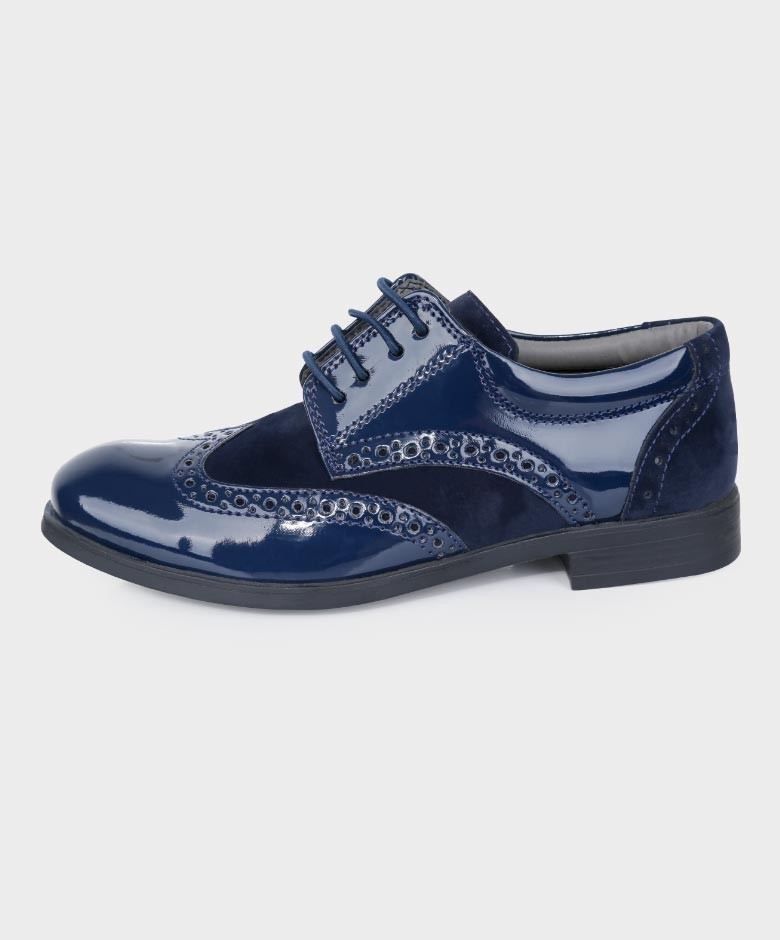 Boys Patent Leather & Suede Lace Up Brogue Derby Shoes - Navy Blue