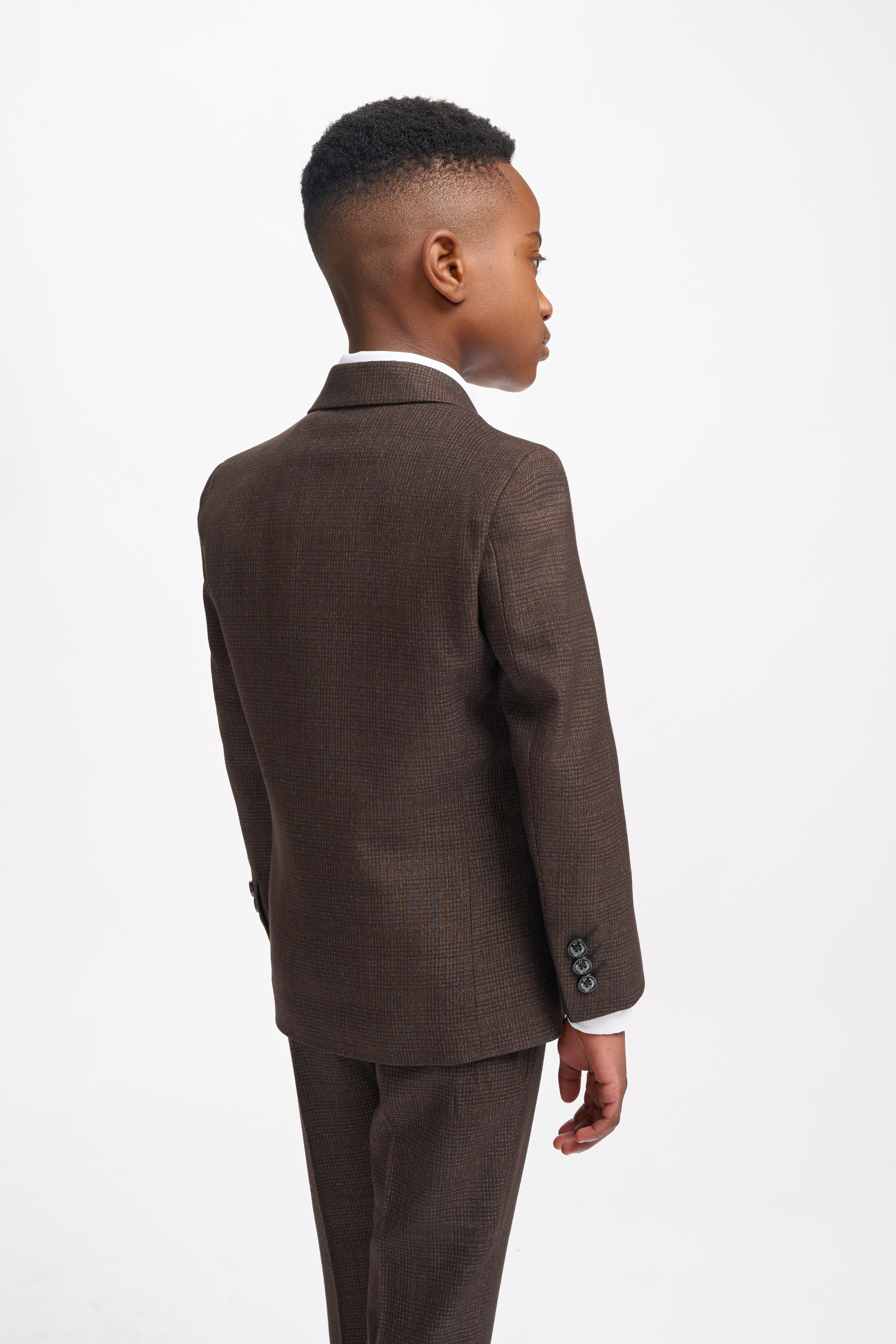 Boys Slim Fit Tweed Check Suit - CARIDI  - Brown