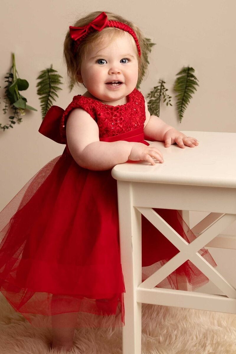 Baby Girls Dress with Floral Bodice & Bow - PC-1025 - Red